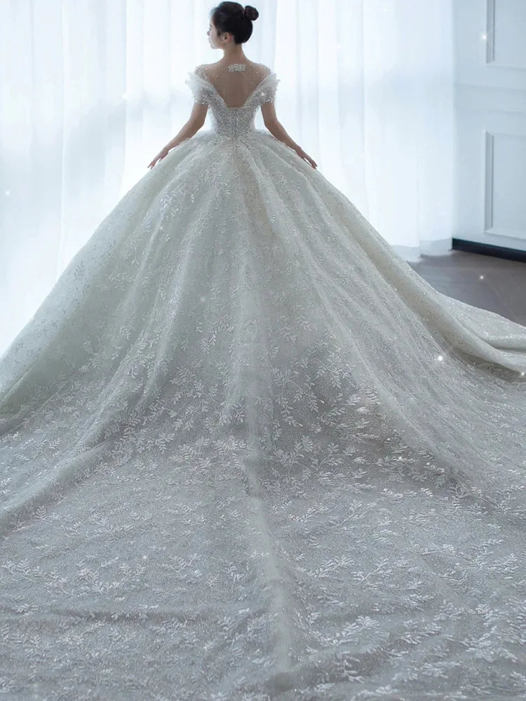 D120 2024 Princess Sexy Luxury Crystal Beaded Wedding Dress Puff Tulle White Wedding Gown Simple Bride Dress Women SHOWLU FASHION STORE