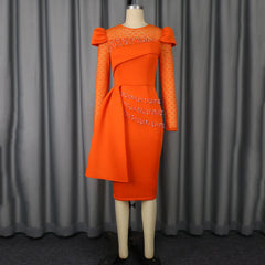 Luxury Orange Dresses for Woman O Neck Lace Patchwork Beaded Full Sleeve Sheath Package Hips Mid Calf Elegant Birthday Party New