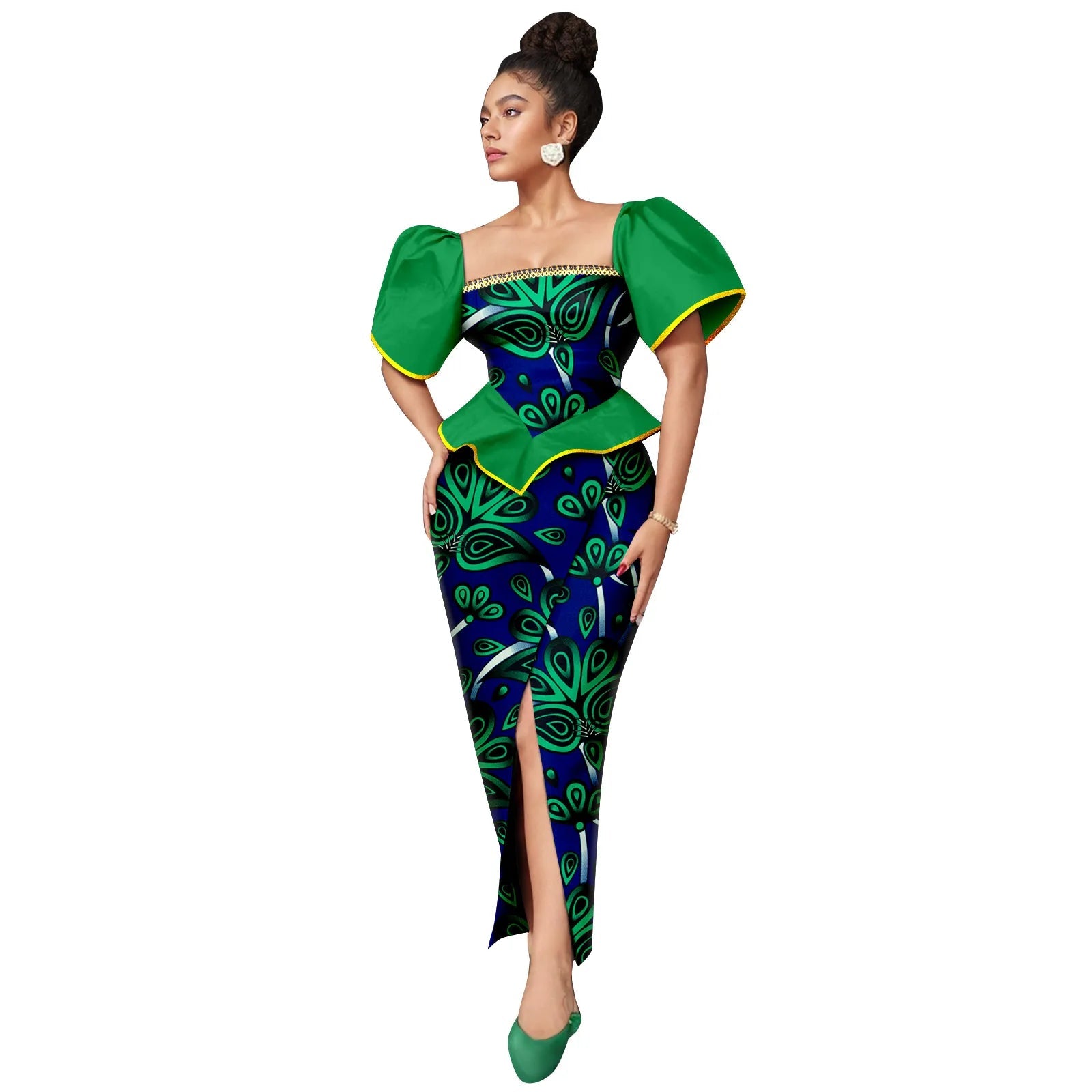 Africa Ankara Printed Women's Dress Short Sleeve Patchwork Square Neck Bubble Sleeve Split Dresses 2425186 SHOWLU FASHION STORE