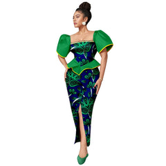 Africa Ankara Printed Women's Dress Short Sleeve Patchwork Square Neck Bubble Sleeve Split Dresses 2425186 SHOWLU FASHION STORE