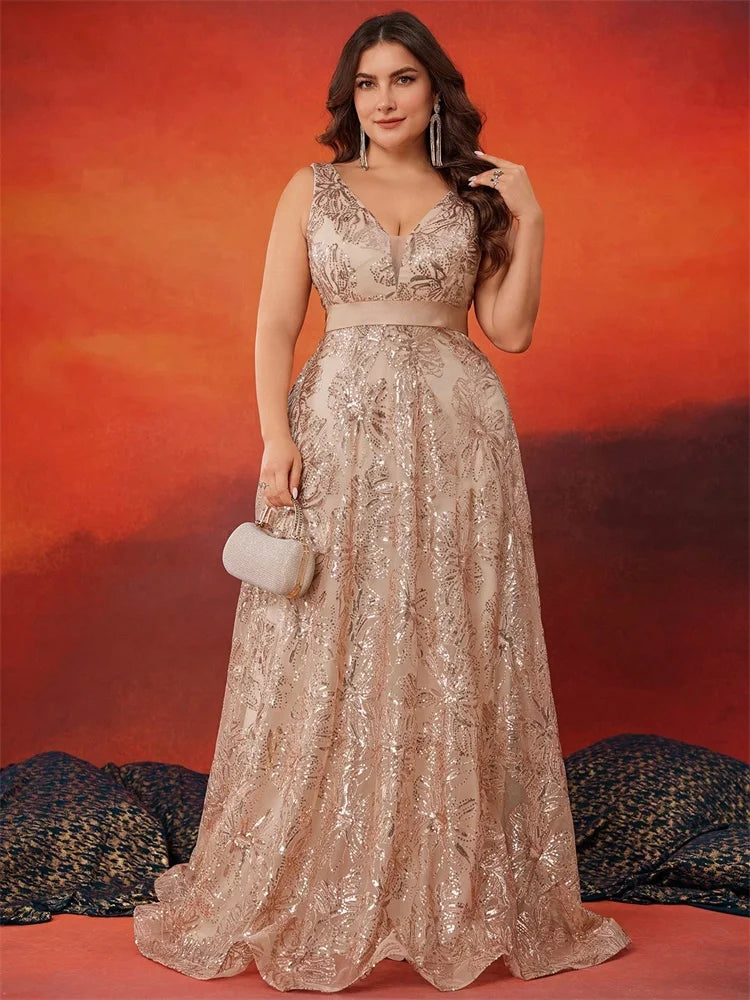 Lucyinlove Plus Size Luxury Deep V-Neck Sequins Blue Evening Dress Women Elegant V-back Wedding Party Long Prom Cocktail Dresses SHOWLU FASHION STORE