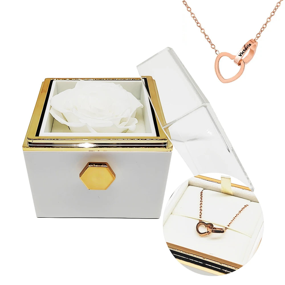 Rotating eternal rose engraved necklace valentines mother day gift box Engraved Interlocking Heart Necklace Eternal Rose Box SHOWLU FASHION STORE
