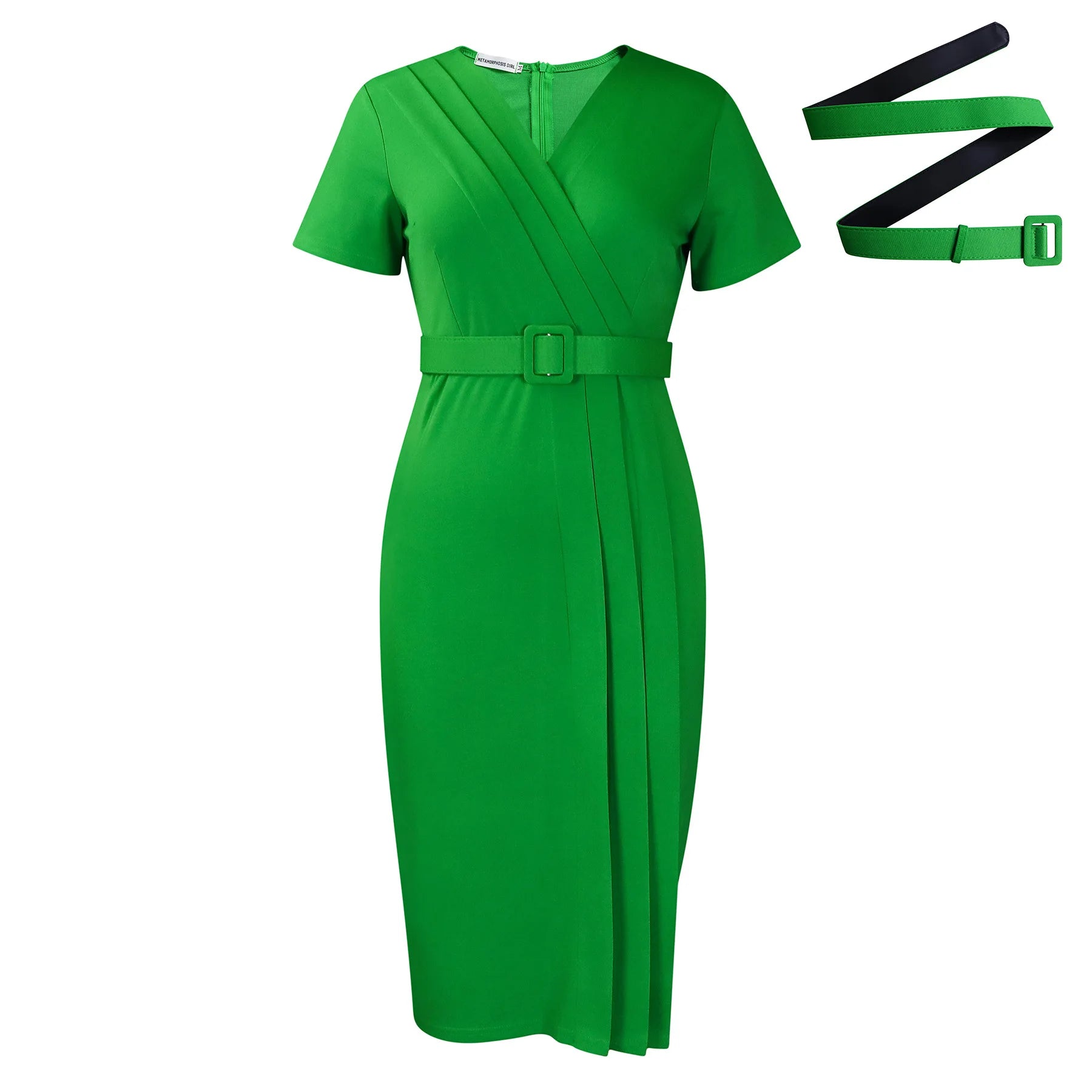 Women's 2024 summer new short-sleeved V-neck waist solid color Tongle fashion dress SHOWLU FASHION STORE