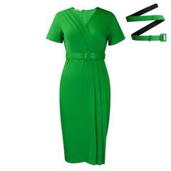 Women's 2024 summer new short-sleeved V-neck waist solid color Tongle fashion dress SHOWLU FASHION STORE