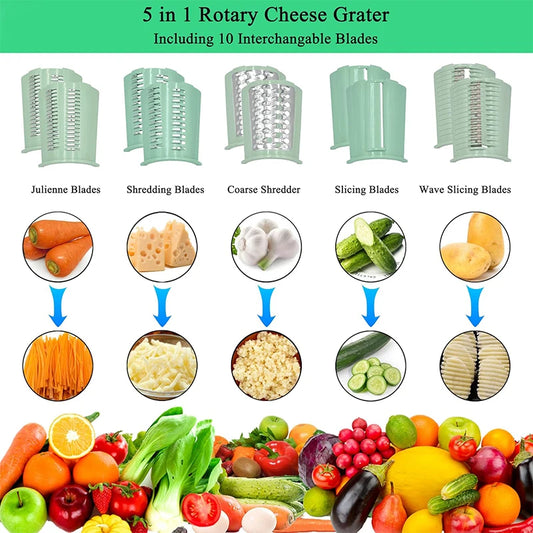 5 in 1 Rotary Cheese Grater with Handle Kitchen Vegetable Cutter Slicer Round Mandoline Drum Slicer with Suction Base JT435