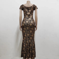 Women Dress Elegant Flower Party Dress Off the Shoulder Short Sleeve Slit Maxi Long Dresses for Woman