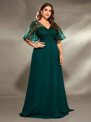 Mgiacy plus size V-neck See-through trumpet sleeve embroidered chiffon full skirt Evening gown Ball dress Party dress SHOWLU FASHION STORE