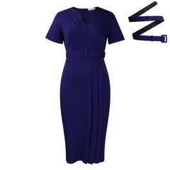 Women's 2024 summer new short-sleeved V-neck waist solid color Tongle fashion dress SHOWLU FASHION STORE