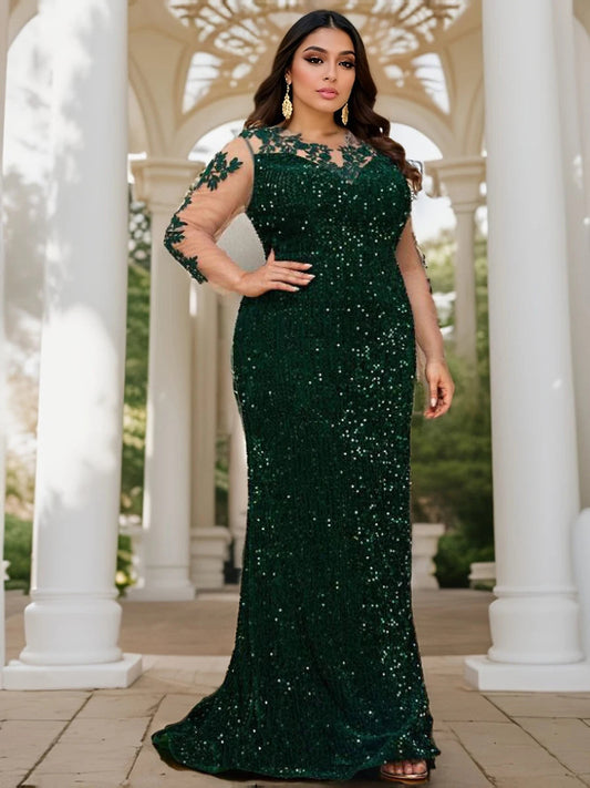 O Neck Illusion Long Sleeve Evening Party Dress Lace Flowers Sequin Mesh Floor Length Prom Gown Elegant Women Plus Size SHOWLU FASHION STORE