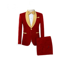 Custom Made Jacquard Groomsmen Red Groom Tuxedos White Shawl Lapel Men Wedding Suits Prom Party Best Man Blazer Pants Set