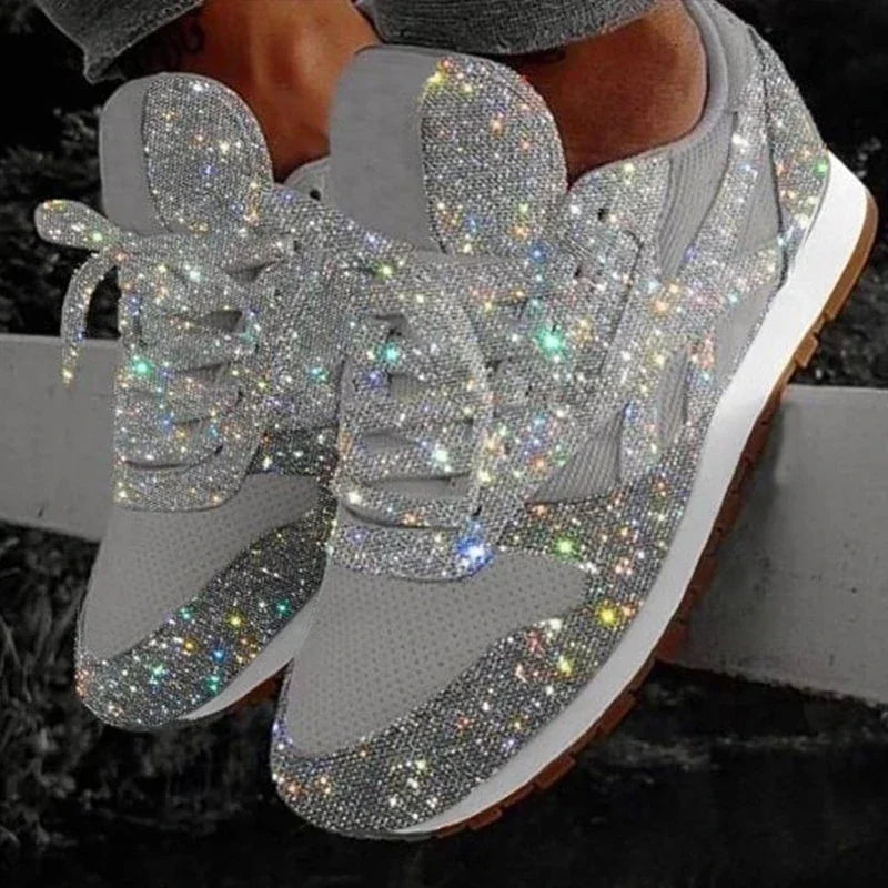 Women Flat Sneakers Casual Bling Vulcanized Shoes Women Mesh Lace Up Platform Plus Size Fashion Outdoor Woman Shoes