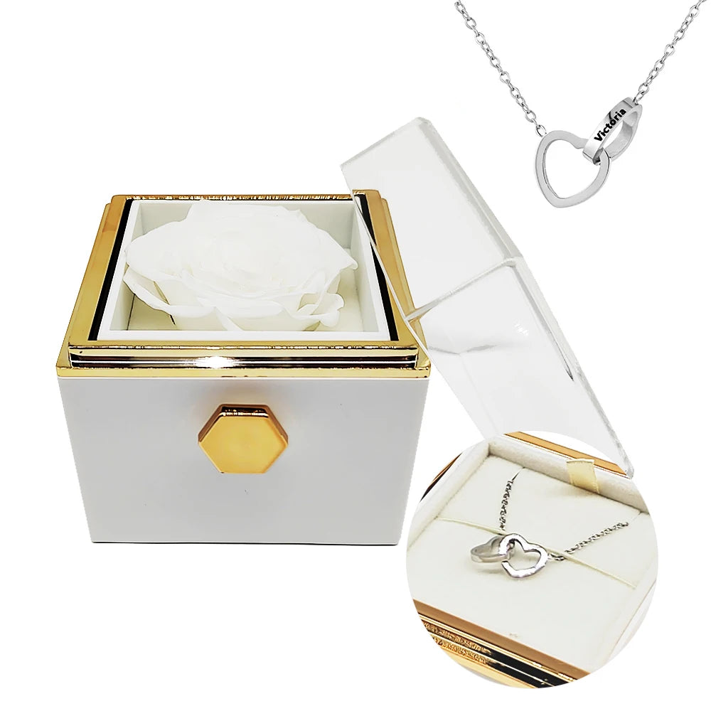 Rotating eternal rose engraved necklace valentines mother day gift box Engraved Interlocking Heart Necklace Eternal Rose Box SHOWLU FASHION STORE