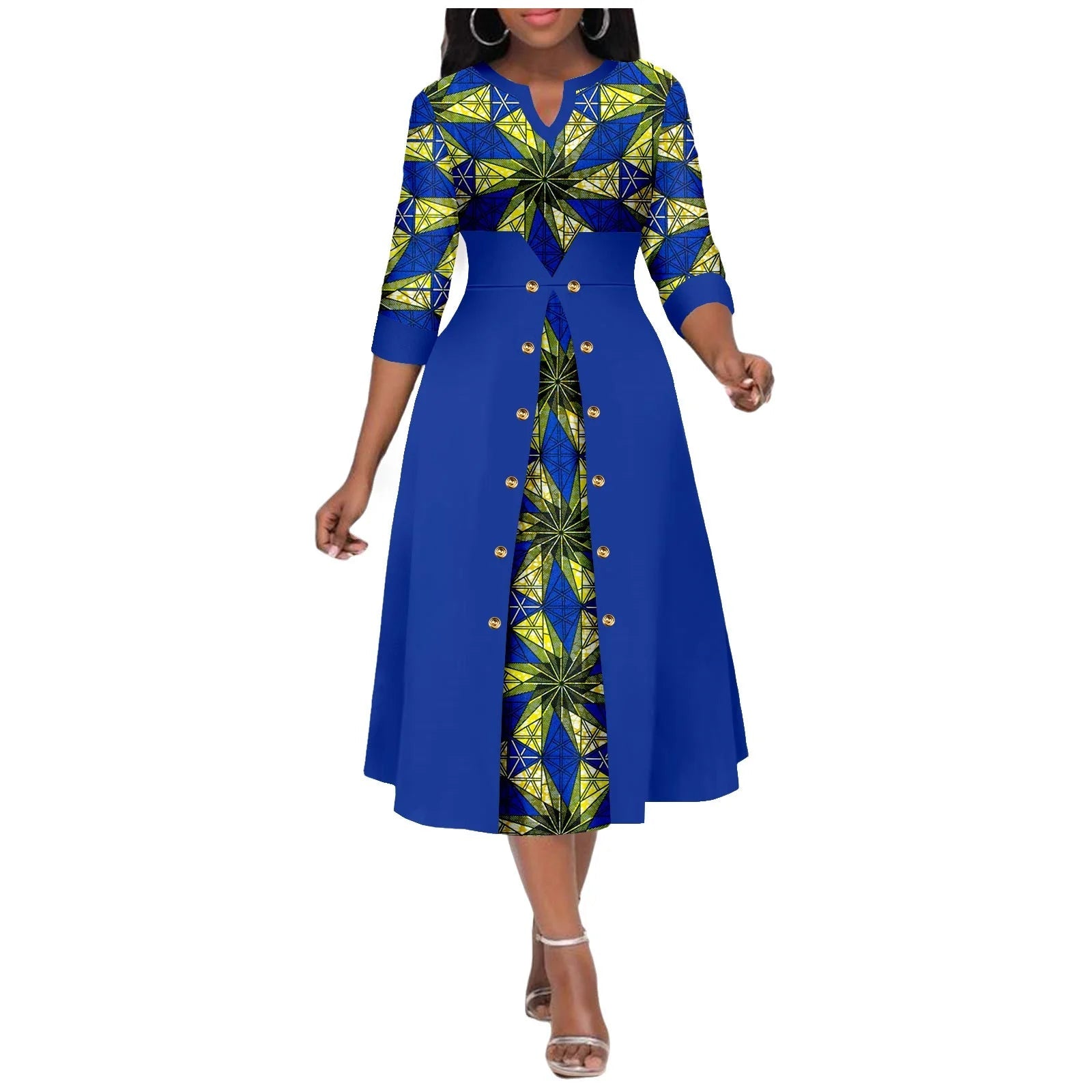 Africa Ankara Printed Fabric Women's Dress V Neck Sexy Double Hem Splicing Clash Color Model Skirt 2425190 SHOWLU FASHION STORE