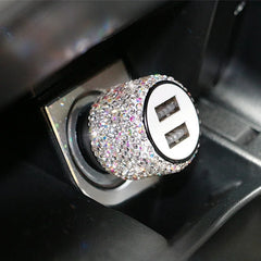 USB Car Charger Pink Crystal Diamond 5V 2.1A Dual Port Fast Charging Adapter 3 in 1 Charging Cable for IPhone Samsung Huawei