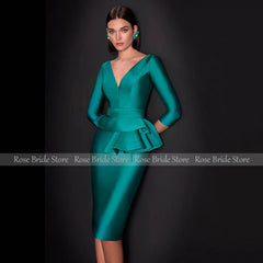 Column Cocktail Dress Turquoise Satin V Neck 3/4 Sleeves Knee Length Wedding Guest Gowns for Women Ruffle Sheath Cocktail Dress SHOWLU FASHION STORE