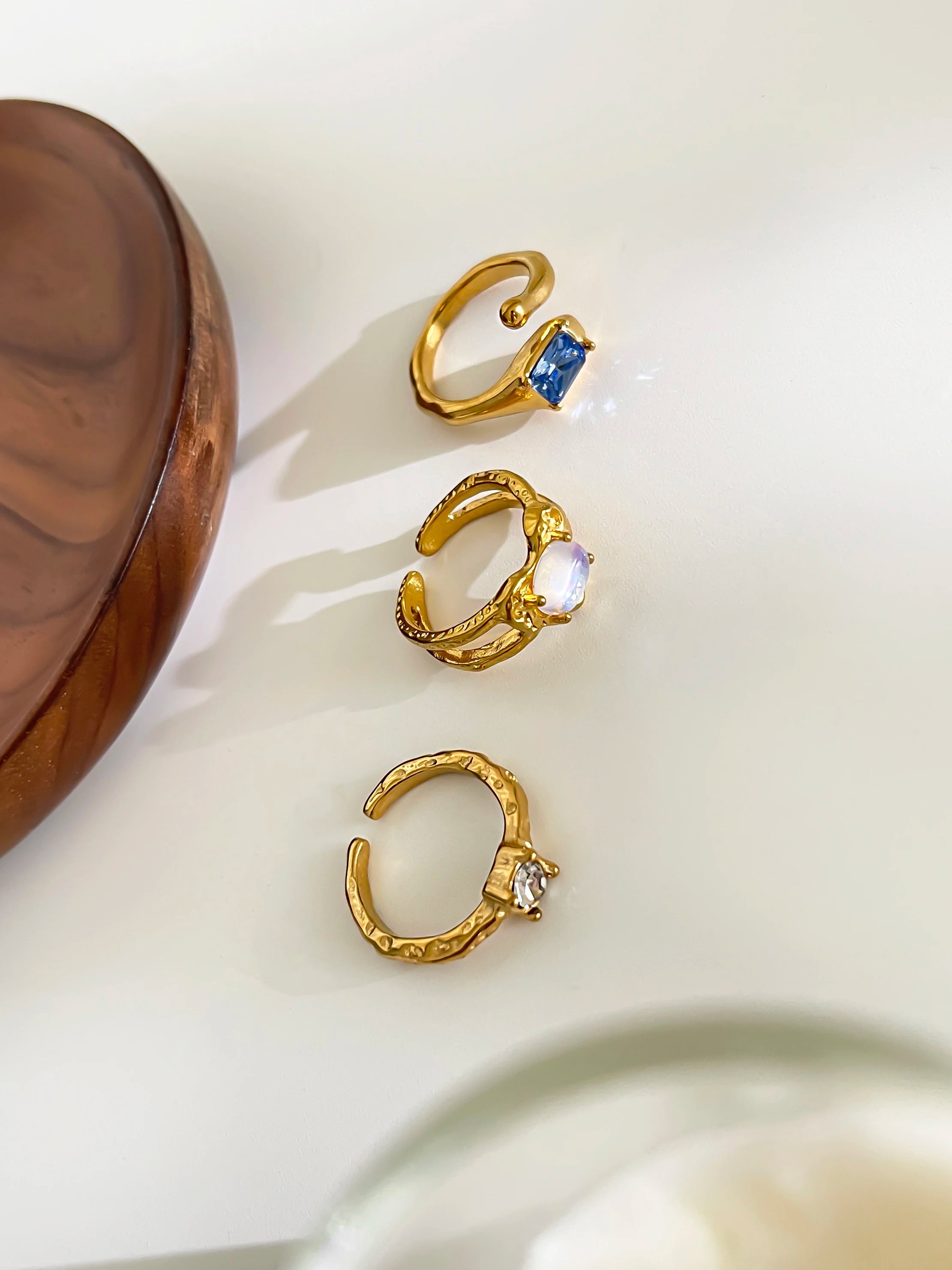 Peri'sbox Vintage Elegant Gold Plated Geometric Moonstone Zircon Rhinestone Open Rings for Women Party Daily Jewelry Waterproof SHOWLU FASHION STORE