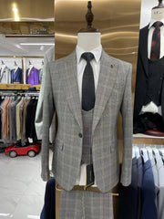 2024 Grey Plaid Men's Suit 3-piece Formal Best Man Wedding Suit Men Suit Wedding Suits for Men  Men Clothing SHOWLU FASHION STORE