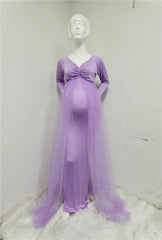 Maternity Tulle Long Dresses Baby Shower Cotton Dress Stretchy Pregnancy Photography Dress with Cape Long Train