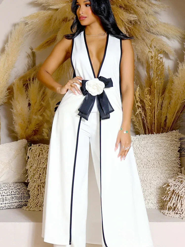 Bow Tie Appliques V-neck Sleeveless Long Top and Wide Leg Pants Matching Sets Women Two Piece Set Elegant Vintage Club Outfits SHOWLU FASHION STORE
