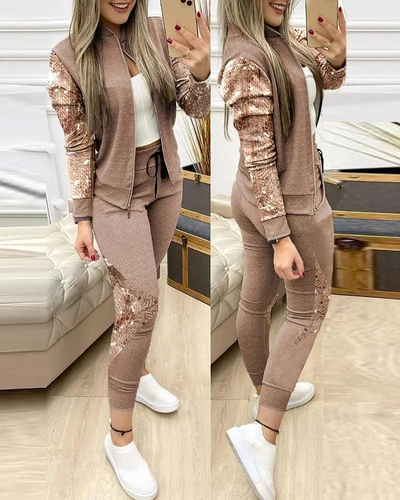 Showlu Fashion Store 0 Trend Leopard 2 Two Piece Set Women Outfits Activewear Zipper Top Leggings Women Matching Set Tracksuit Female Outfits for Women