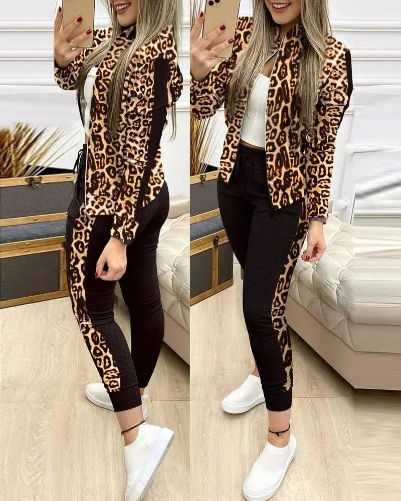 Showlu Fashion Store 0 Leopard / S Trend Leopard 2 Two Piece Set Women Outfits Activewear Zipper Top Leggings Women Matching Set Tracksuit Female Outfits for Women