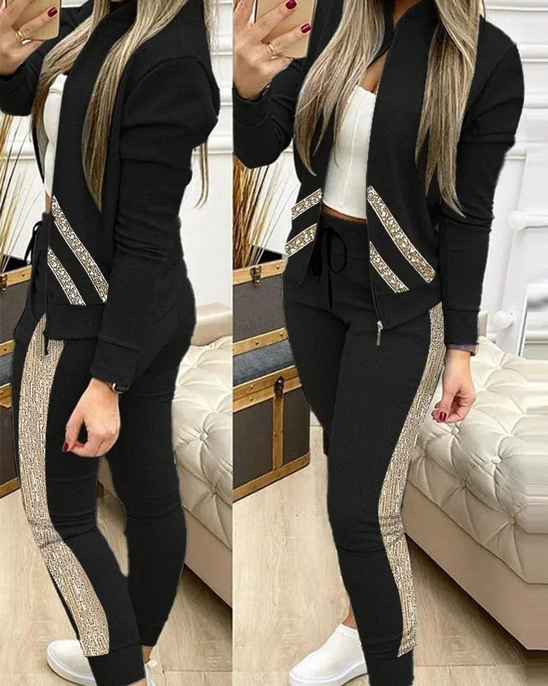 Showlu Fashion Store 0 Black Sequins / S Trend Leopard 2 Two Piece Set Women Outfits Activewear Zipper Top Leggings Women Matching Set Tracksuit Female Outfits for Women