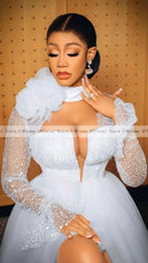Showlu Fashion Store 0 White Bride Robes High Neck Long Sleeve Side Split Sweep Train Cut-out Tulle Africa First Wedding Dress Bridal Shower Gowns