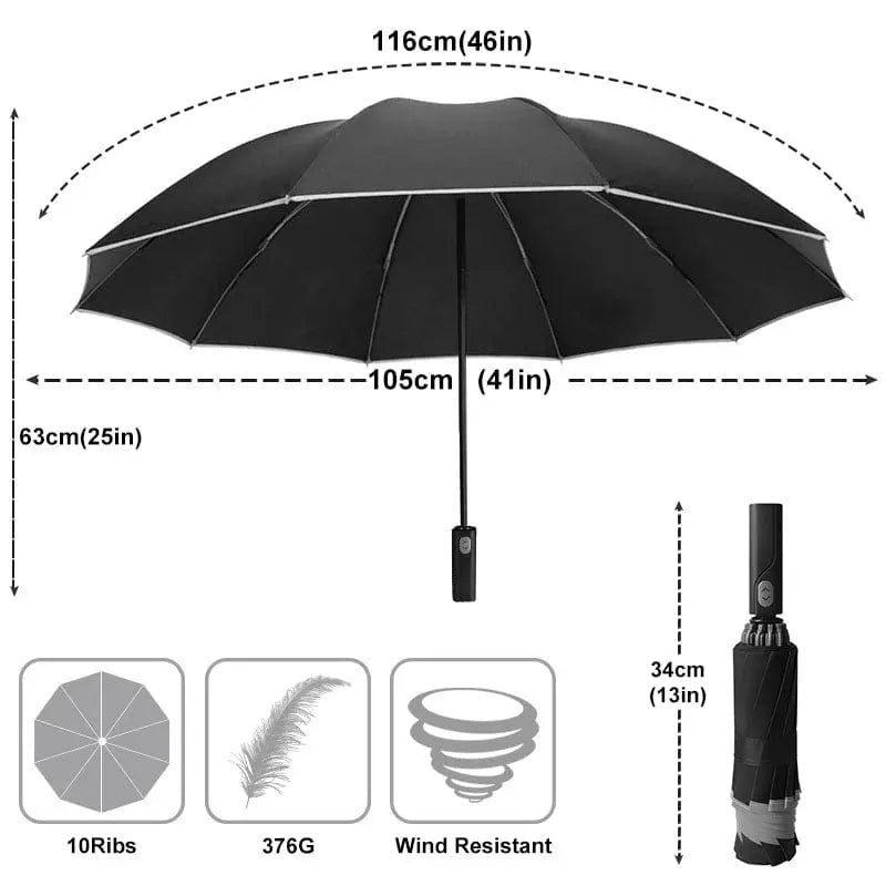 Showlu Fashion Store 0 Black1 Windproof Reverse Automatic Umbrella Rain Women Men Car Large Business 3Folding Umbrellas 10 Ribs Reflective Stripe Paraguas