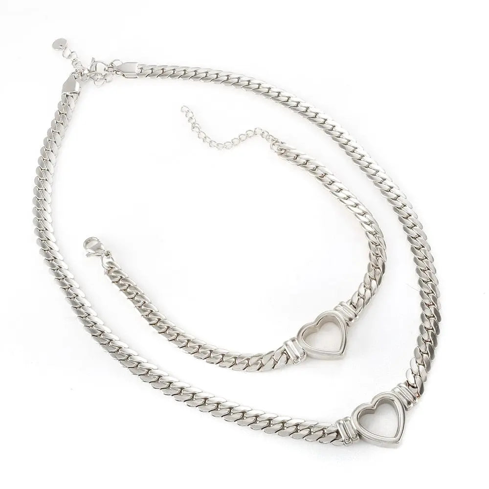 Showlu Store Nation 0 Silver Jewelry Set ZMFashion Gold-Plated Waterproof Stainless Steel Jewelry Set Luxury Love Heart Shape Chain Necklace Nail Bracelet Set for Women