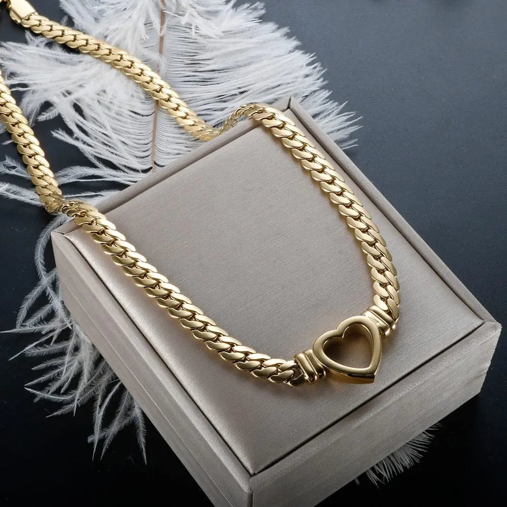 Showlu Store Nation 0 ZMFashion Gold-Plated Waterproof Stainless Steel Jewelry Set Luxury Love Heart Shape Chain Necklace Nail Bracelet Set for Women