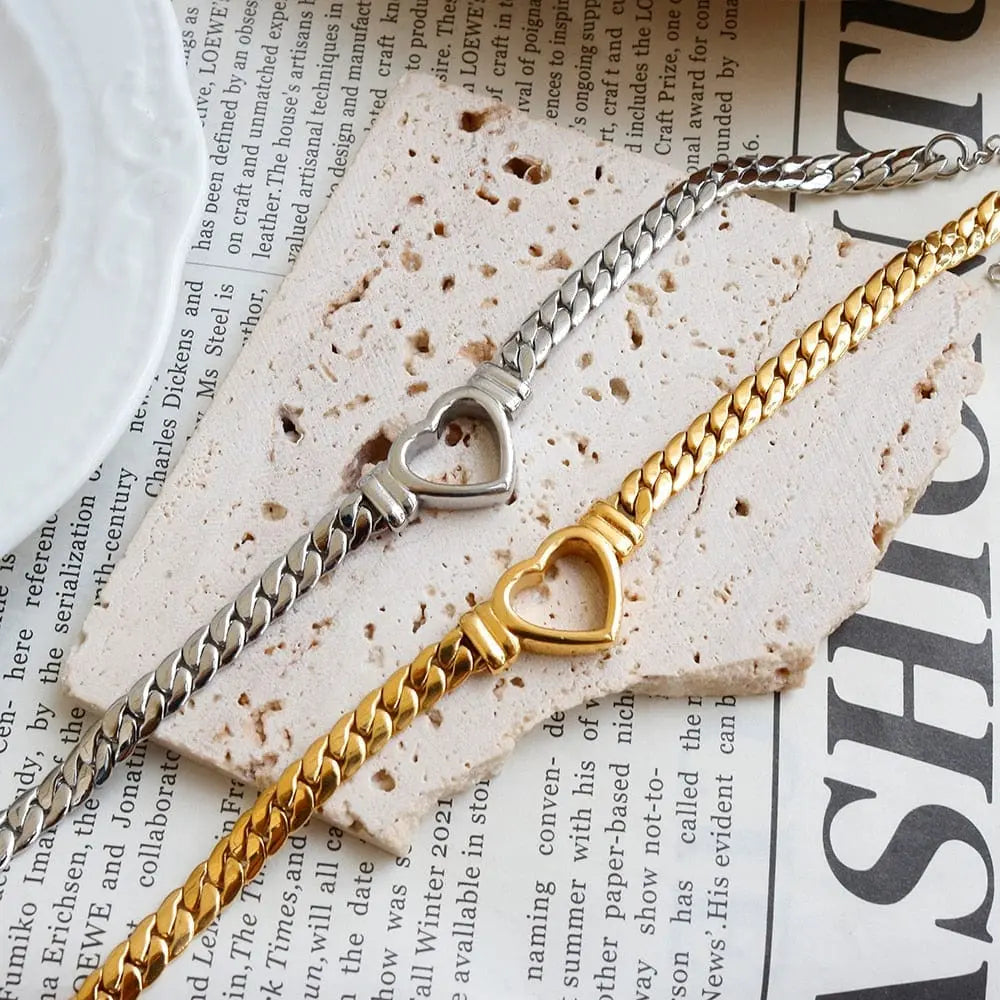 Showlu Store Nation 0 ZMFashion Gold-Plated Waterproof Stainless Steel Jewelry Set Luxury Love Heart Shape Chain Necklace Nail Bracelet Set for Women