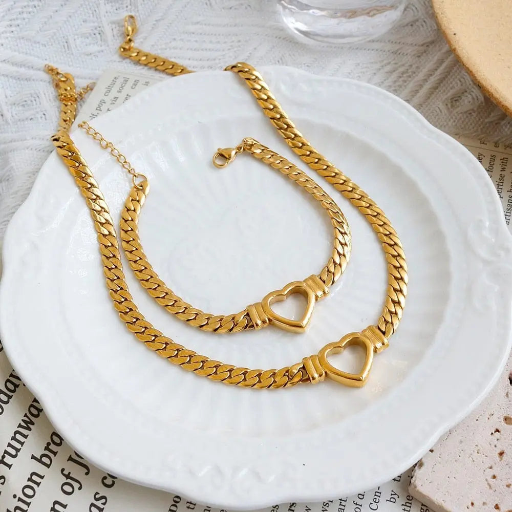 Showlu Store Nation 0 ZMFashion Gold-Plated Waterproof Stainless Steel Jewelry Set Luxury Love Heart Shape Chain Necklace Nail Bracelet Set for Women
