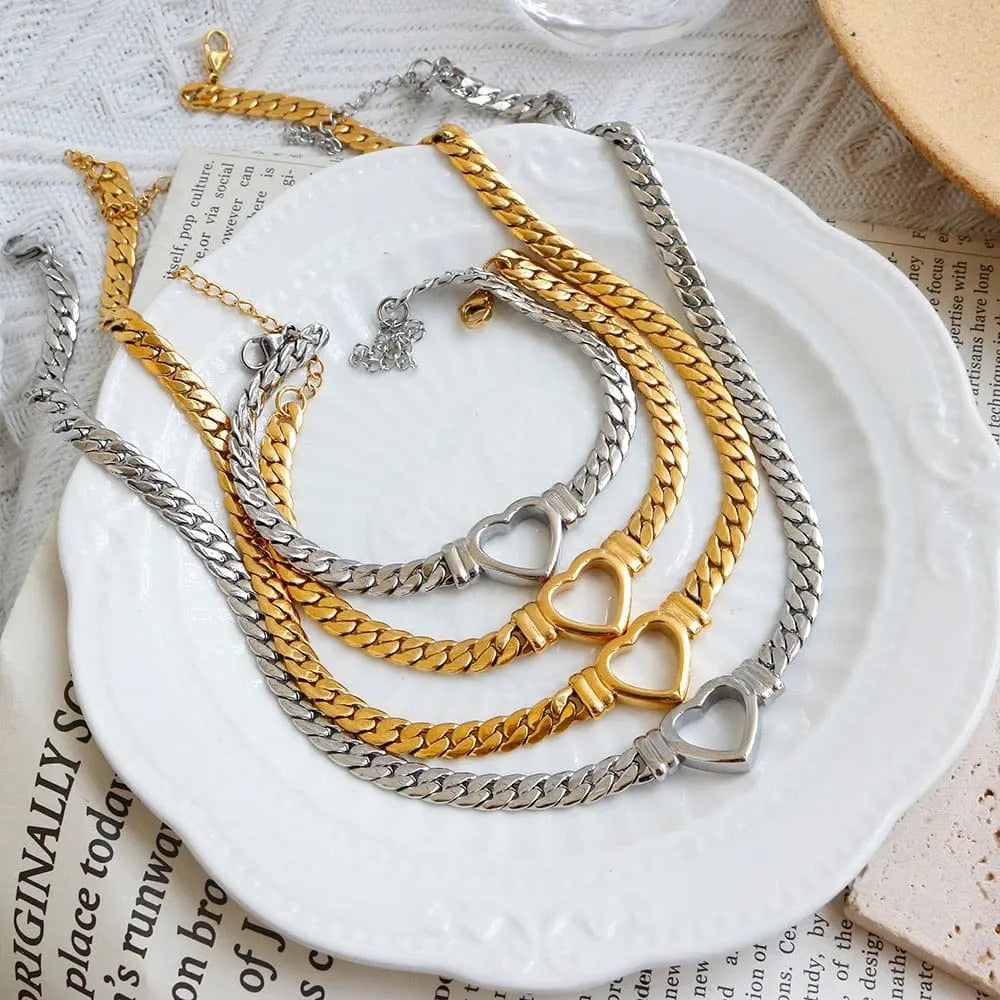 Showlu Store Nation 0 ZMFashion Gold-Plated Waterproof Stainless Steel Jewelry Set Luxury Love Heart Shape Chain Necklace Nail Bracelet Set for Women