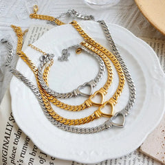 Showlu Store Nation 0 ZMFashion Gold-Plated Waterproof Stainless Steel Jewelry Set Luxury Love Heart Shape Chain Necklace Nail Bracelet Set for Women