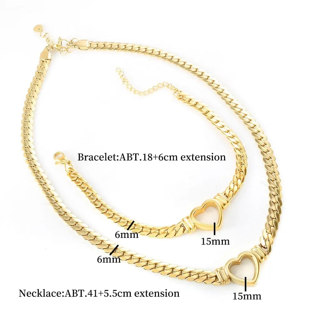 Showlu Store Nation 0 ZMFashion Gold-Plated Waterproof Stainless Steel Jewelry Set Luxury Love Heart Shape Chain Necklace Nail Bracelet Set for Women