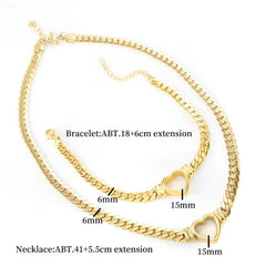 Showlu Store Nation 0 ZMFashion Gold-Plated Waterproof Stainless Steel Jewelry Set Luxury Love Heart Shape Chain Necklace Nail Bracelet Set for Women