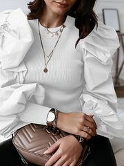 Women'S Black Ribbed Blouse with Puff Sleeves & Round Neck - Stylish Layering Piece for Casual or Formal Outfits, Allseason Top | Ribbed Texture Top | Construction, Ladies Blouses
