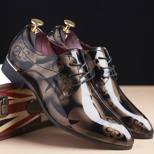 Men's Fashion Floral Pattern Pointed Toe Faux Oxfords - 1pair Low Top Dress Shoes, Casual Rock Style, All-Season Slip-On Lace-Up - Durable Rubber Sole for Wedding, Party, Business, Tuxedo SHOWLU FASHION STORE