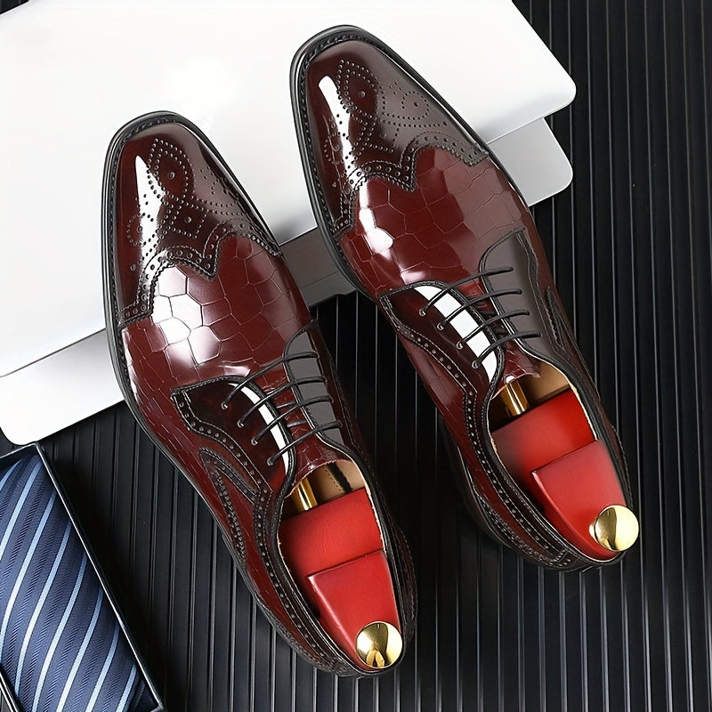 [Wedding Ready, Luxury Appearance] Breathable Men's Fashion Brogue Oxfords - Square Toe, Glossy Red Finish, Intricate Wingtip Design, Versatile Dress Shoes for Business, Weddings, and Casual Wear SHOWLU FASHION STORE