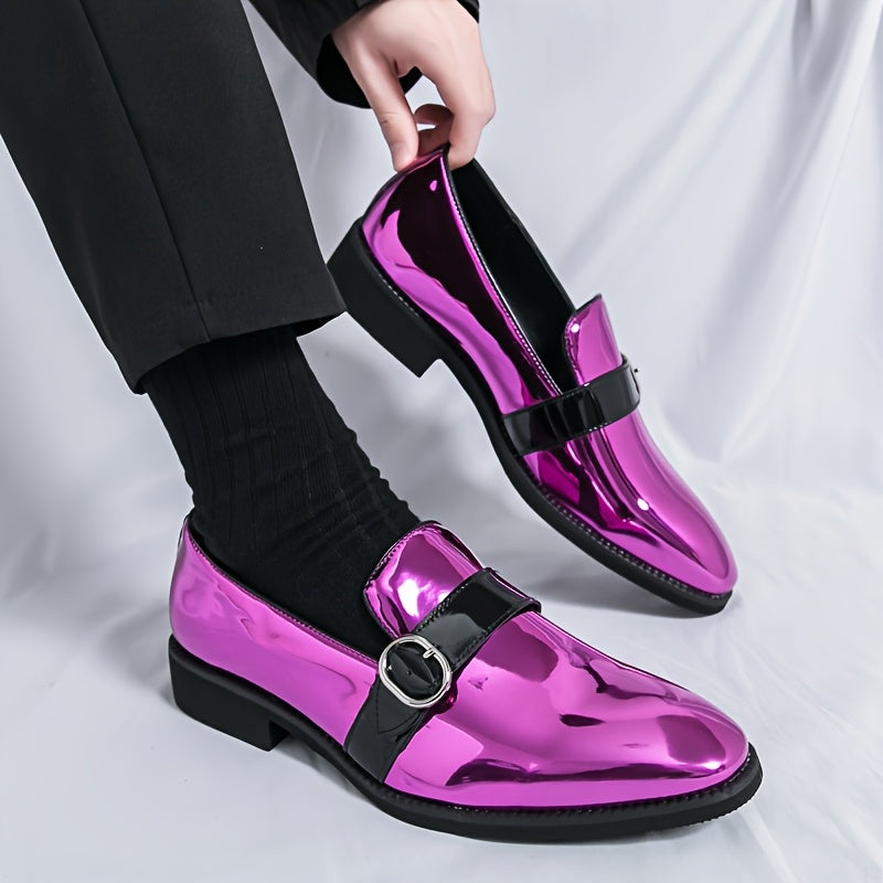 [Elegant Style] Men's Glossy Pointed-Toe Loafers - Fashionable Slip-On Dress Shoes with Metallic Buckle Detail, Versatile for Business or Casual Wear, Faux Upper, Rubber Sole SHOWLU FASHION STORE