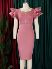 Elegant Dresses For Woman 2025 New Square Neck Ruffles Sleeve Solid Sheath Mid Calf High Quality Ladies Birthday Party Dinner Wear Vestidos Mujer Clothes Wholesale