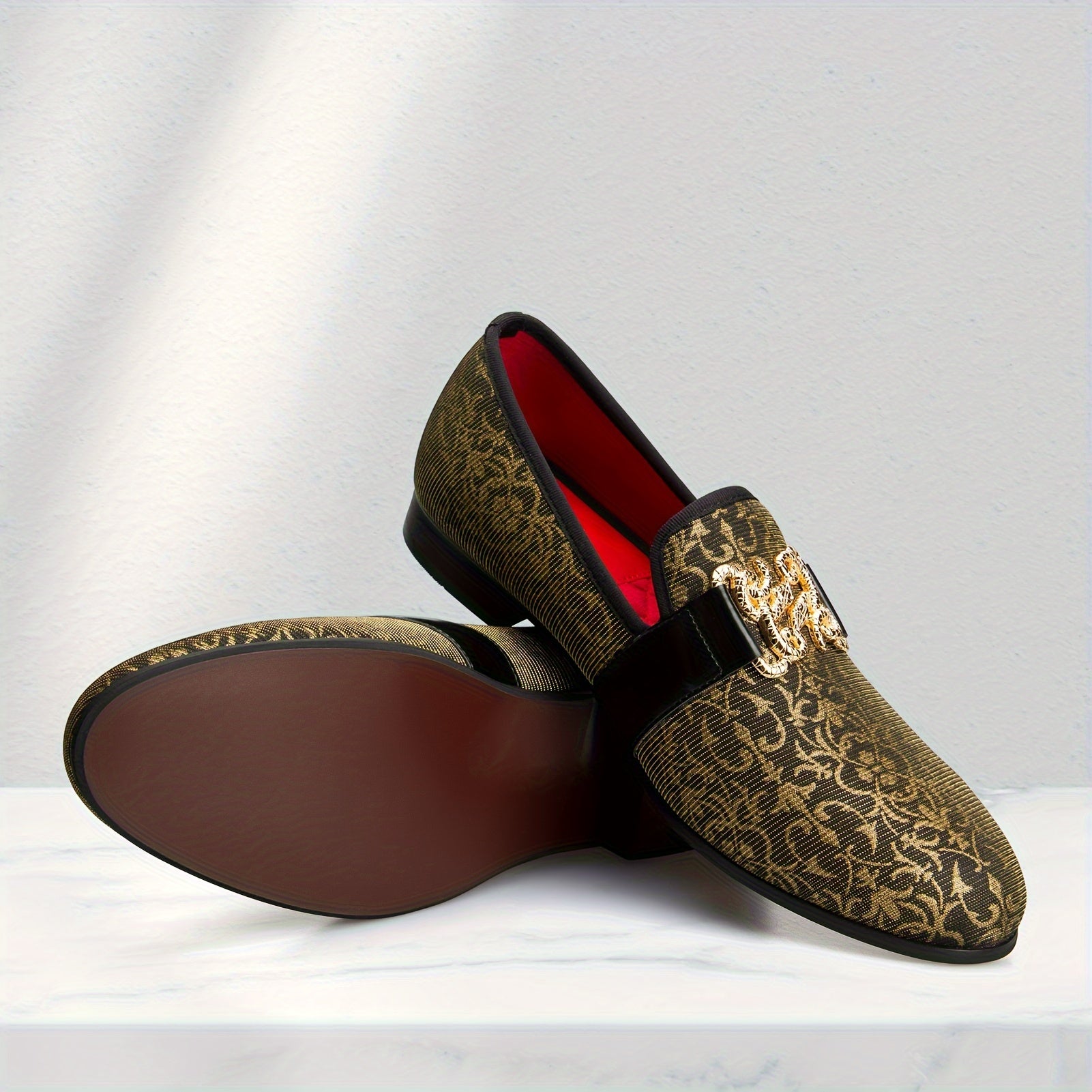 [Floral Pattern Loafers] Elegant Slip-On Loafers - Comfortable Floral Pattern Shoes with Golden Buckle, Black and Red Accents - Perfect for Parties & Streetwear SHOWLU FASHION STORE