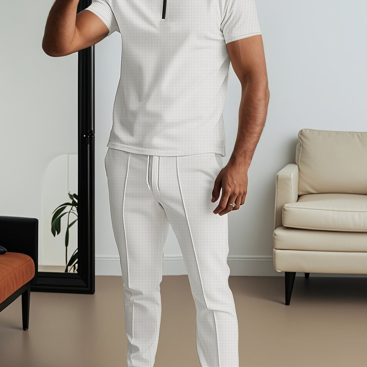 Men'S Waffle Texture Lapel Shirt And Pants Set - Polyester Short Sleeved Shirt, Zipper Access, Elastic Drawstring Waist Straight Leg Pants 5 Colors Suitable For Spring, Summer, Autumn, Beach, Outdoor Activities, Daily Wear, S