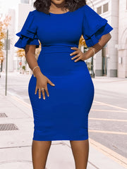 [Elegant Pencil Dress] Elegant Women Midi Pencil Dress | Ruffle Sleeve Round Neck Bodycon Party Formal Dress