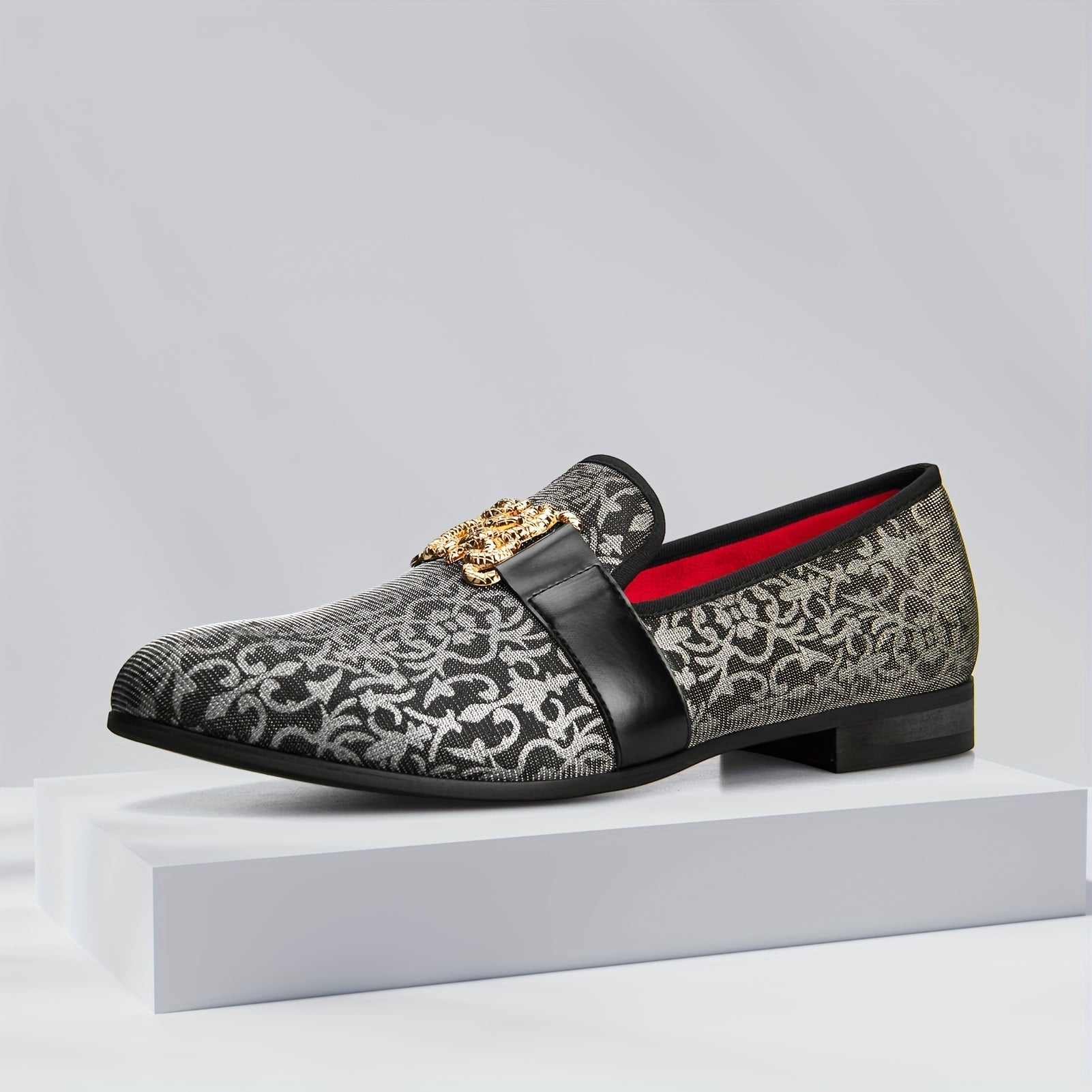 [Floral Pattern Loafers] Elegant Slip-On Loafers - Comfortable Floral Pattern Shoes with Golden Buckle, Black and Red Accents - Perfect for Parties & Streetwear SHOWLU FASHION STORE