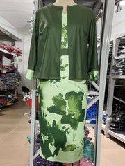 Female Suit 2025 Spring and summer New Solid Three Quarter Sleeve Top And Floral Print Package Hip Dress Two Piece Sets Fashion Suit Office 3d Flower Print Body Con African Skirt Sets Formal Elegant Women'S Sets