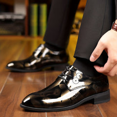 Men's Classic Lace-Up Dress Shoes - Glossy Wingtip Oxfords, Black, Formal & Casual Wear for Outdoor Events SHOWLU FASHION STORE