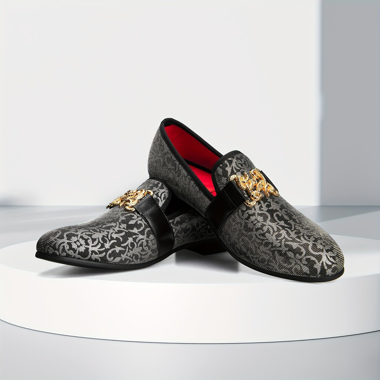 [Floral Pattern Loafers] Elegant Slip-On Loafers - Comfortable Floral Pattern Shoes with Golden Buckle, Black and Red Accents - Perfect for Parties & Streetwear SHOWLU FASHION STORE