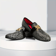 [Floral Pattern Loafers] Elegant Slip-On Loafers - Comfortable Floral Pattern Shoes with Golden Buckle, Black and Red Accents - Perfect for Parties & Streetwear SHOWLU FASHION STORE