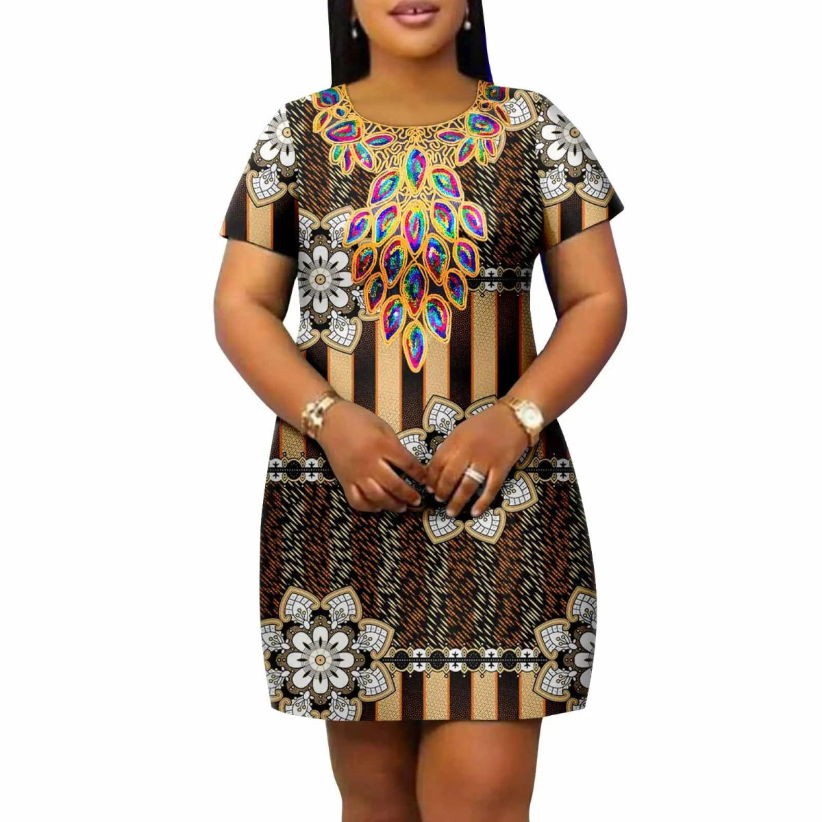 African Women's Plus Size Dress Casual Style Ankara Printed Fabric Loose Round Neck Casual Dress A2225145 - SHOWLU FASHION STORE